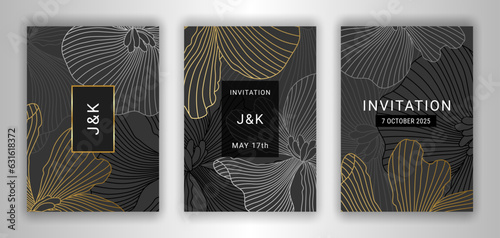Dark floral wedding invitation cards. Elegant golden, silver stylized linear begonia flowers background. Botanical illustration EPS 10 vector design template set. Clipping masks.
