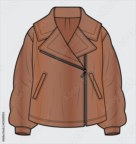 LEATHER BIKER JACKET WITH WIDE KNOTCH COLLAR DETAIL DESIGNED FOR MEN AND WOMEN IN VECTOR ILLUSTRATION
