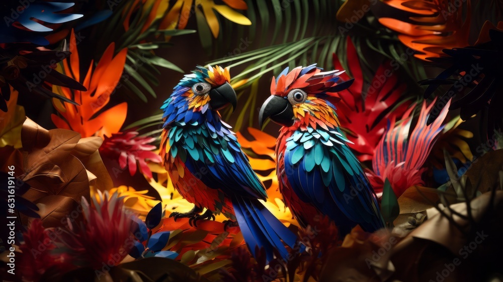 Macaw in amazon rainforest perched on a tree, colorful. 3d paper art, papercut, colorful, illustration, background, landscape, wallpaper.