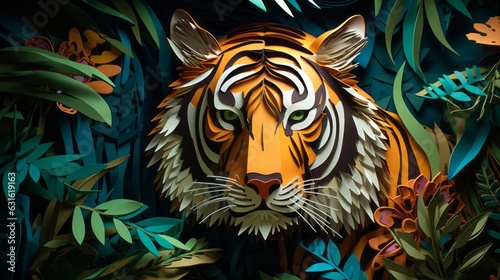 Tiger face surrounded by leaves in the forest. 3d paper art, papercut, green, orange, illustration, background, landscape, wallpaper.