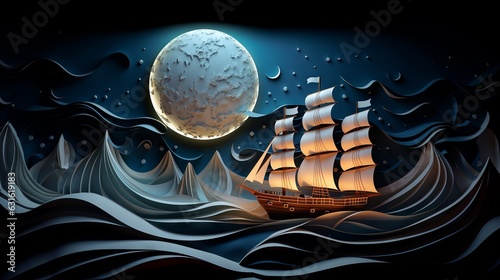 Sailing boat in the sea with waves, night with a full moon. 3d paper art, papercut, blue and silver, illustration, background, landscape, wallpaper.