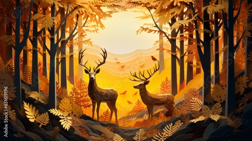 Golden forest, trees, deer, birds and mountains. 3d paper art, papercut, yellow, brown, illustration, background, landscape, wallpaper.