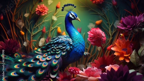 Exotic peacock and flowers, bright colors. 3d paper art, papercut, colorful, illustration, background, landscape, wallpaper. © infinitostudio