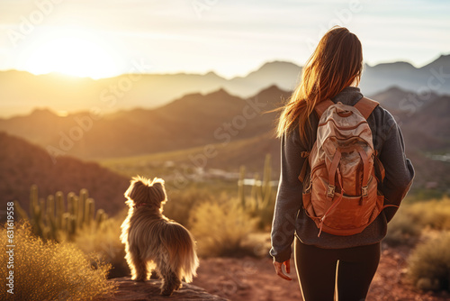 Photo Behind view of a young healthy caucasian woman walking her mixed breed dog on a