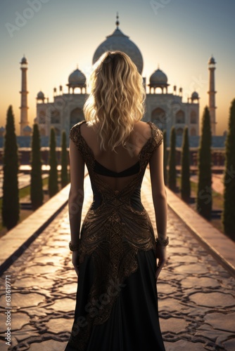 A blonde girl wearing black dress in front of beautiful building. © ThisaraDL
