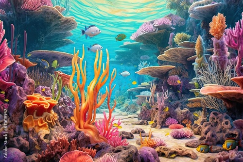 Vibrant Marine Life: Exploring the Intricate Coral Formations and Colorful Fish in an Underwater Coral Reef, generative AI