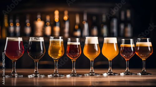 Glasses with different sorts of craft beer on wooden bar