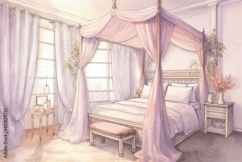 Peaceful Slumber in a Dreamy Bedroom: Soft Pastel Tones and Canopy Bed, generative AI