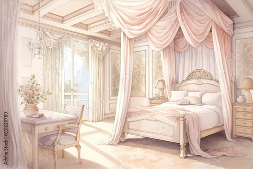 Dreamy Bedroom in Soft Pastel Tones: A Peaceful Slumber in a Canopy Bed, generative AI