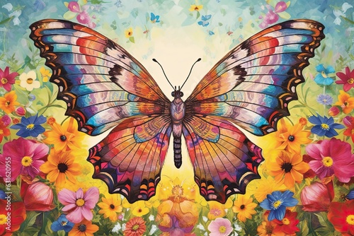 Graceful Butterfly Drawing: Fluttering Amidst a Rainbow-Colored Field of Wildflowers, generative AI