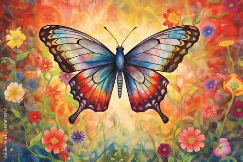 Wildflower Fantasy: Vibrant Rainbow Wings Gracefully Fluttering On a Butterfly Drawing, generative AI © Michael