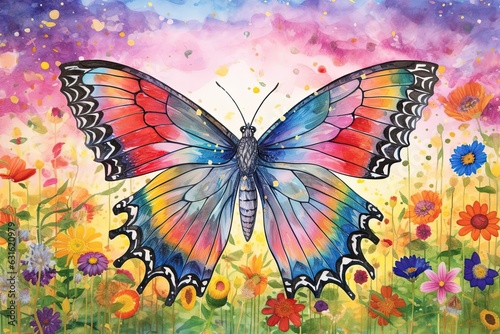 Rainbow-Colored Wings: Graceful Butterfly Fluttering Through a Field of Wildflowers, generative AI
