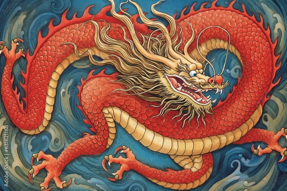 Vibrant Red and Gold: Chinese Dragon Drawing Exemplifying Cultural Symbolism in Traditional Serpentine Form, generative AI Vibrant Red and Gold: Chinese Dragon Drawing Exemplifying Cultural Symbolism in Traditional Serpentine Form, generative AI