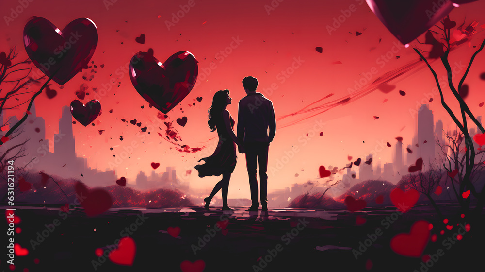 Une femme et un homme en couple qui se tiennent la main en une illustration. Concept pour la Saint-Valentin avec des cœurs et deux personnes amoureuses. - obrazy, fototapety, plakaty 