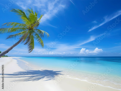Palm tree on tropical beach with blue sky and white clouds abstract background. Copy space of summer vacation and business travel concept. Vintage tone filter effect color style.