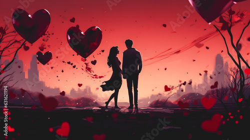 Une femme et un homme en couple qui se tiennent la main en une illustration. Concept pour la Saint-Valentin avec des cœurs et deux personnes amoureuses. photo