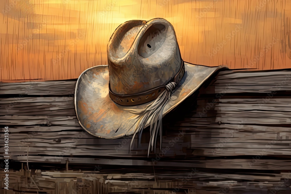 Fototapeta premium Wild West Emblem: Adventurous Spirit in a Classic Cowboy Hat Drawing Resting on a Weathered Fence, generative AI