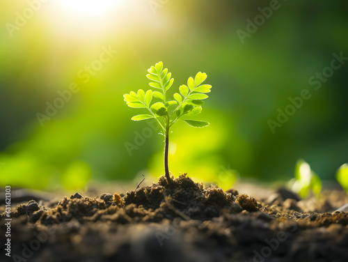 Agriculture. Cultivated plants. Seedling plants. Nutritious wet hands of young baby plant growing in germination sequence in fertile soil with natural green background