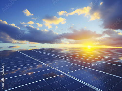 Solar panels cell farm power with sunset sky. Eco, clean, sustainable energy concept. 3d AI
