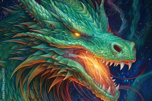 Fierce Fiery Flames: Dragon Drawings with Glistening Emerald and Gold Scales, generative AI