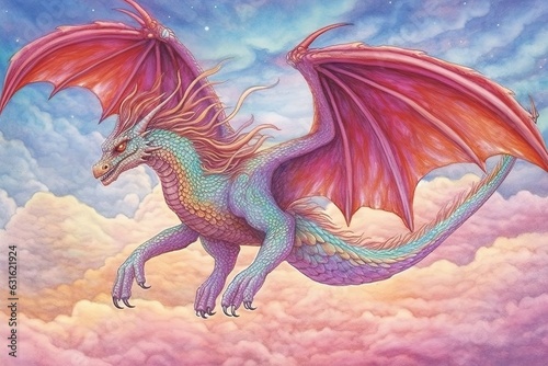 Power and Wisdom Embodied: Majestic Dragon Soaring Through the Sky with Gleaming Scales in Brilliant Colors - Experience the Allure of Dragon Drawings, generative AI