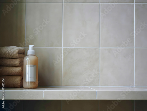 Various props and bottle without label in the bathroom background