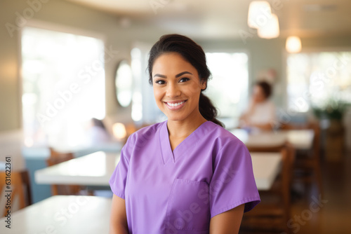 Young hispanic nurse , wearing light purple medical scrubs