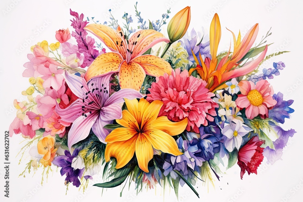 Vibrant Watercolor Flower Drawings: A Bursting Bouquet of Colors and Fragrance, generative AI