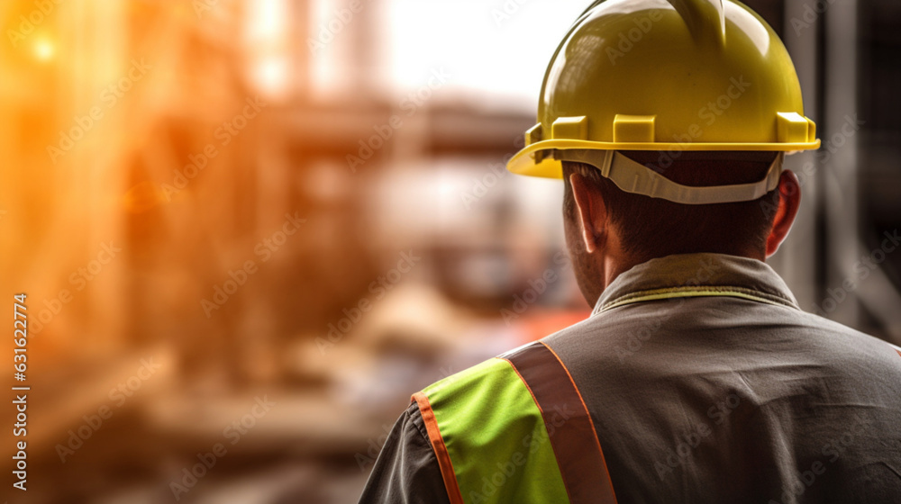 .A construction worker in a helmet and fluorescent vest looks at the construction site. Occupational safety and health .A construction worker in a helmet and fluorescent vest looks at the construction site. Occupational safety and health