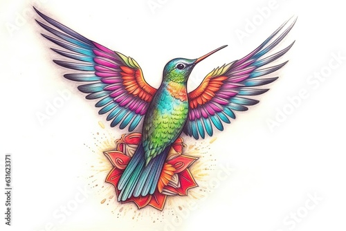 Nature's Jewel: Delicate Hummingbird Drawing in Graceful Flight Near a Colorful Blossom, generative AI