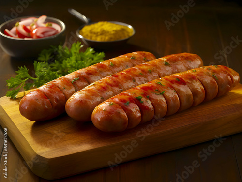 Fried sausages with spices and herbs, selective focus