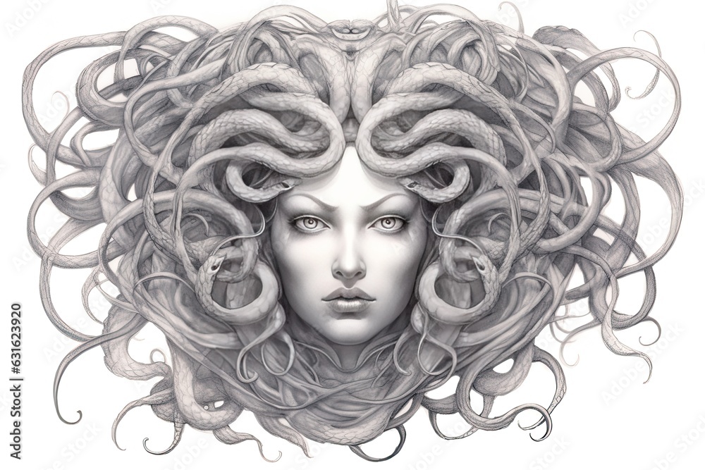 Mythical Medusa Drawing: Serpent Hair, Piercing Gaze, Mysterious Power, generative AI