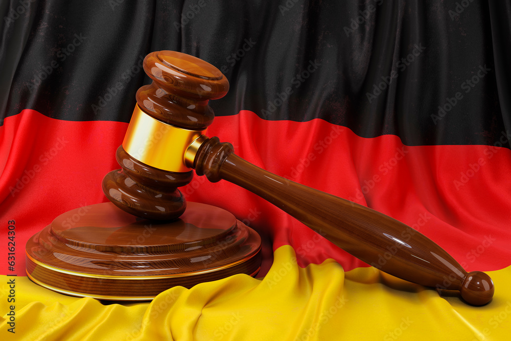 German law and justice concept. Wooden gavel on flag of Germany, 3D rendering