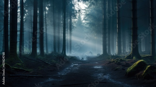 Foggy forest panorama. Creepy fairytale looking woods on a misty day.1
