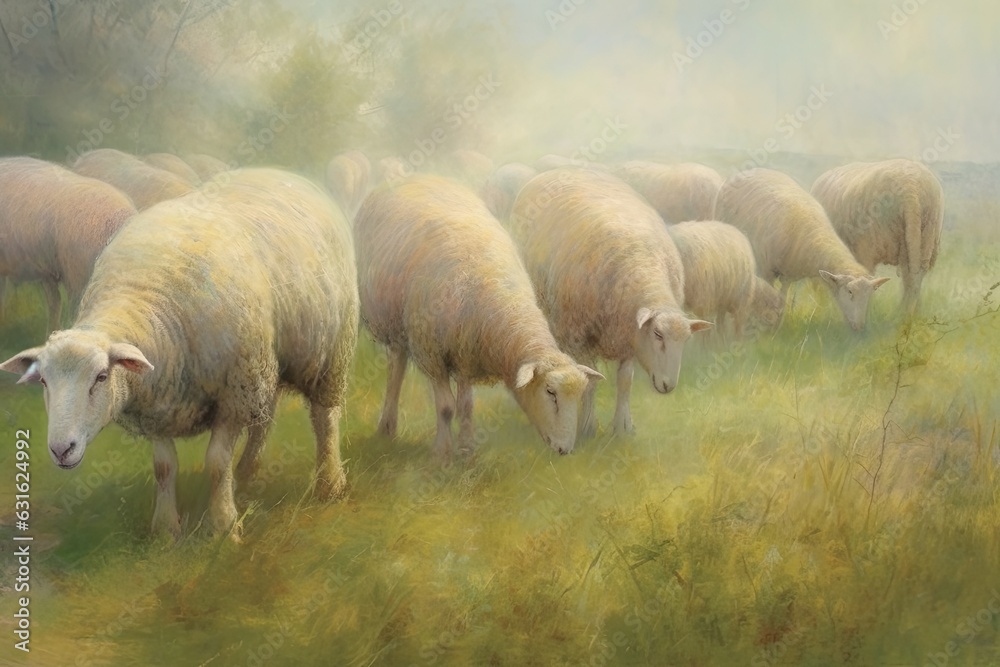 Contentment and Togetherness: Flock of Fluffy Sheep Grazing in a Serene Meadow, generative AI Contentment and Togetherness: Flock of Fluffy Sheep Grazing in a Serene Meadow, generative AI