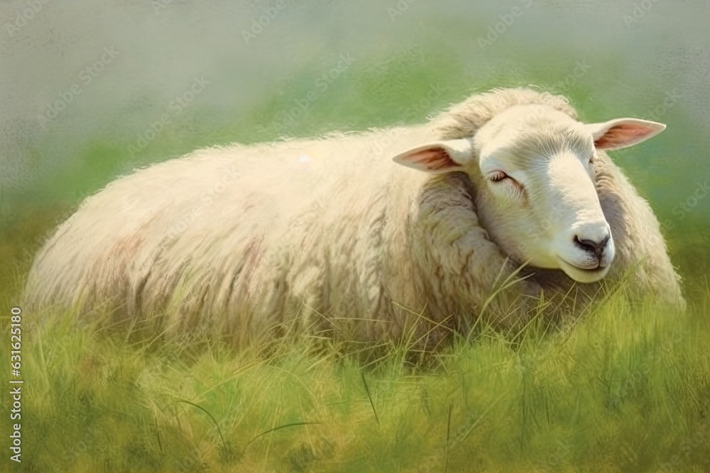 Peaceful and Content: Serene Sheep Grazing on a Rolling Green Meadow, generative AI Peaceful and Content: Serene Sheep Grazing on a Rolling Green Meadow, generative AI