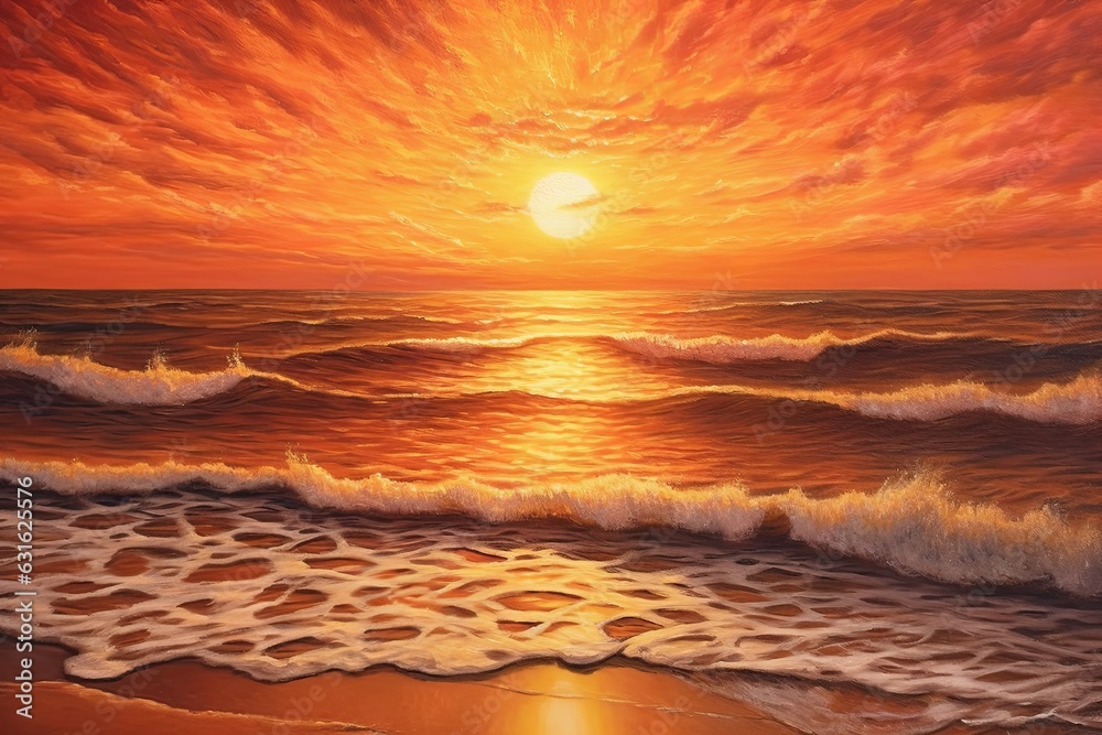 Sandy Beach Sunrise: Warm Hues Painting the Sky and Ocean in a Glorious Drawing, generative AI