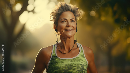 senior woman is running for exercise in the morning sunrise.