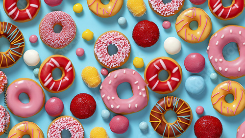 Colorful donut pattern on pastel blue background. Creative minimal summer concept. photo
