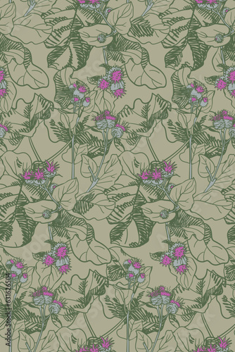 Wallpaper Mural Burdock with flowers and leaves. Hand drawn vector seamless pattern Torontodigital.ca