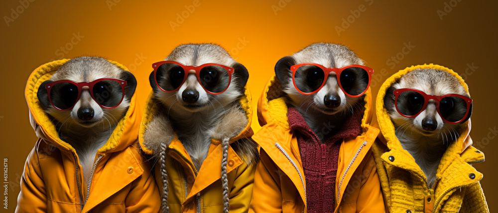 Creative animal concept. Meerkat in a group on one side of the picture, vibrant bright fashionable outfits. birthday party invite invitation banner made with AI generative technology