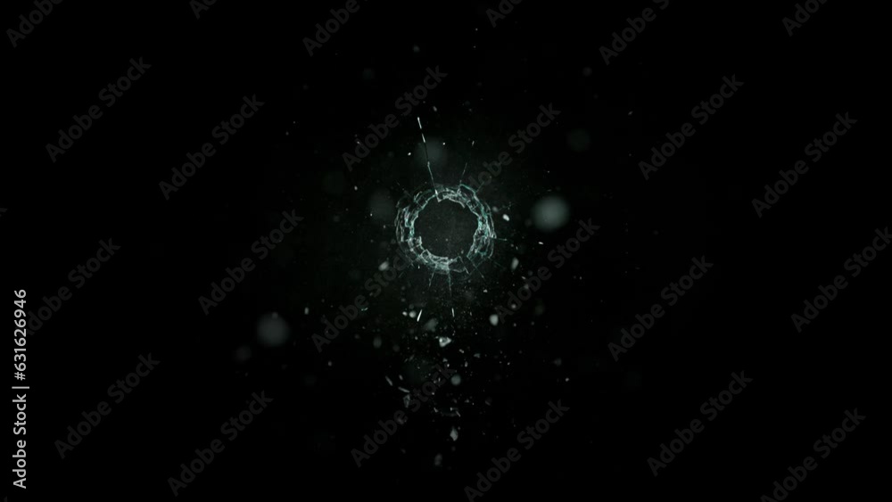 Super Slow Motion Shot of Real Bullet Glass Break Isolated on Black Background at 1000fps.