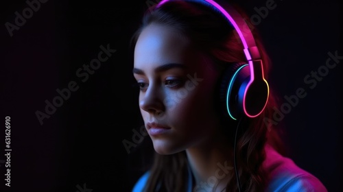Ai generated portrait of a girl teenager wearing headphones with neon lines . The concept of a music festival, a music album, dancing, singing and music lessons © StasySin