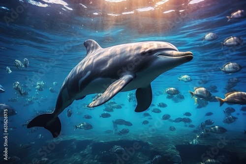 Dolphin swim in the blue sea in a picturesque place