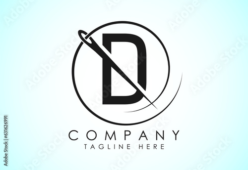 English alphabet D with sewing needle and thread Icon. Tailoring logo design concept.