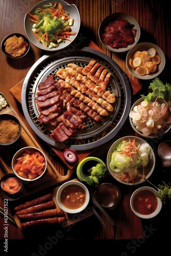 Sizzling Delights: Top-Down Image of a Korean BBQ Feast Isolated Against White