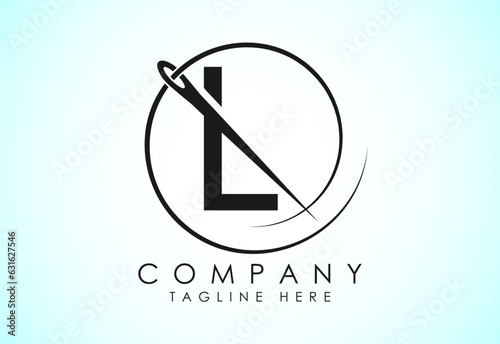 English alphabet L with sewing needle and thread Icon. Tailoring logo design concept.