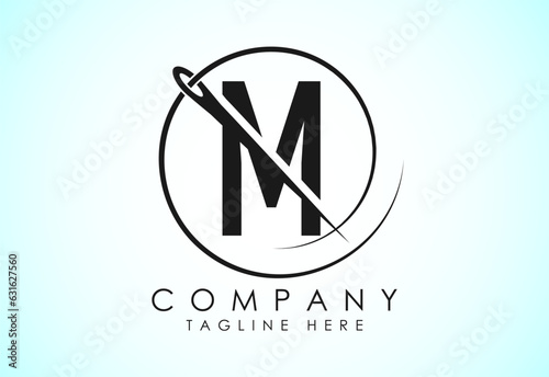 English alphabet M with sewing needle and thread Icon. Tailoring logo design concept.