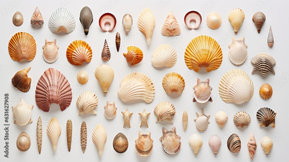 Photo of seashells arranged on a white surface created with Generative AI technology