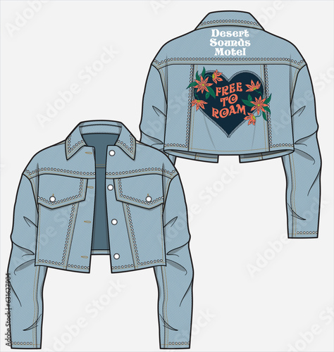 OVERSIZE EMBELLISHED CROP DENIM JACKET WITH DROP SHOULDER BACK EMBROIDERY AND ZIRCONS DETAIL DESIGNED FOR WOMEN AND TEEN GIRLS IN VECTOR ILLUSTRATIONS
